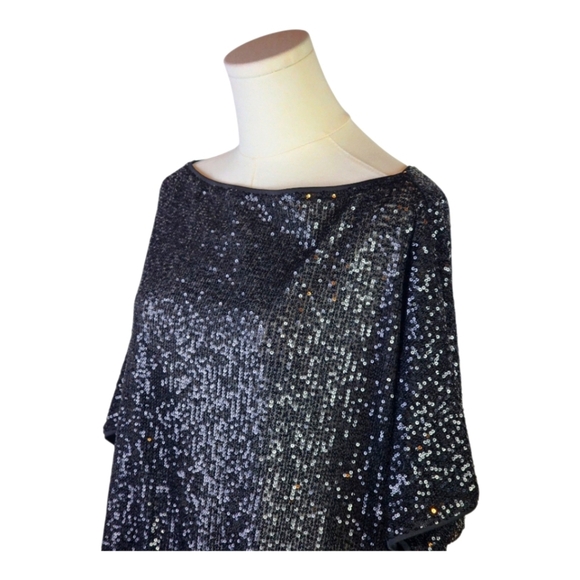 Venus Black Sequin Batwing Top XL Sparkly Semi-Sheer Party Blouse Glam - Picture 2 of 8
